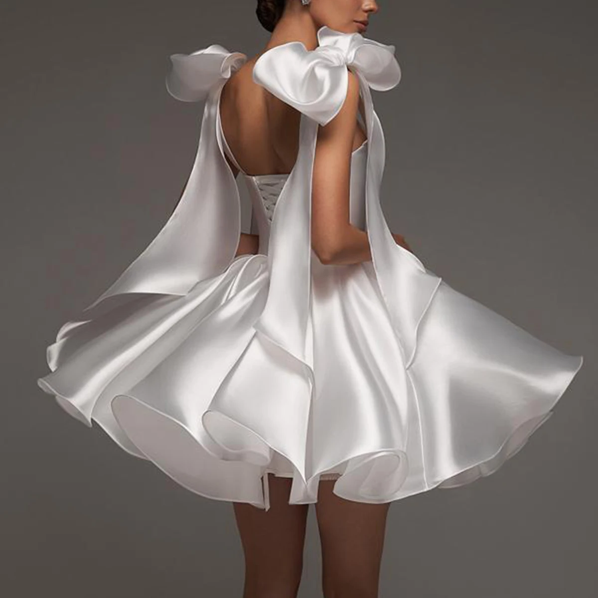 Romantic Satin Short Wedding Dresses For Bride Mini Ball Gown With Bow Puffy A Line Bridal Party Gown Vestidos Novia