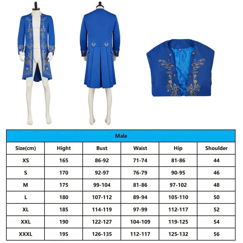 Męski kostium cosplay Królewna i Bestia, styl dworski, niebieski płaszcz, przebranie na Halloween, karnawał, Topx,5;d'2.y;8'