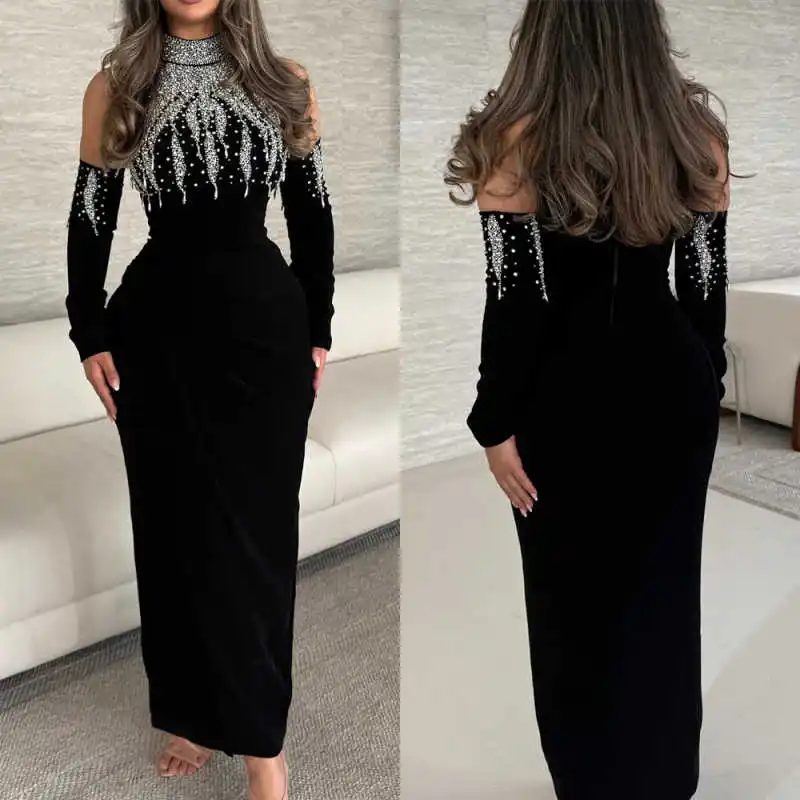 

Elegant Evening Dress High Collar Long Sleeve Beading Crystal Banquet Prom Party Dress Formal Occasion Customized