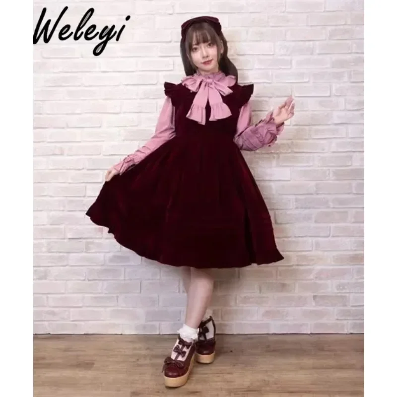 

Sweet Japanese Lolita Dress 2024 Spring and Autumn Fashion Mine Style Soft Girl Cute Wooden Ear Edge Velvet Strap Dresses Ladies