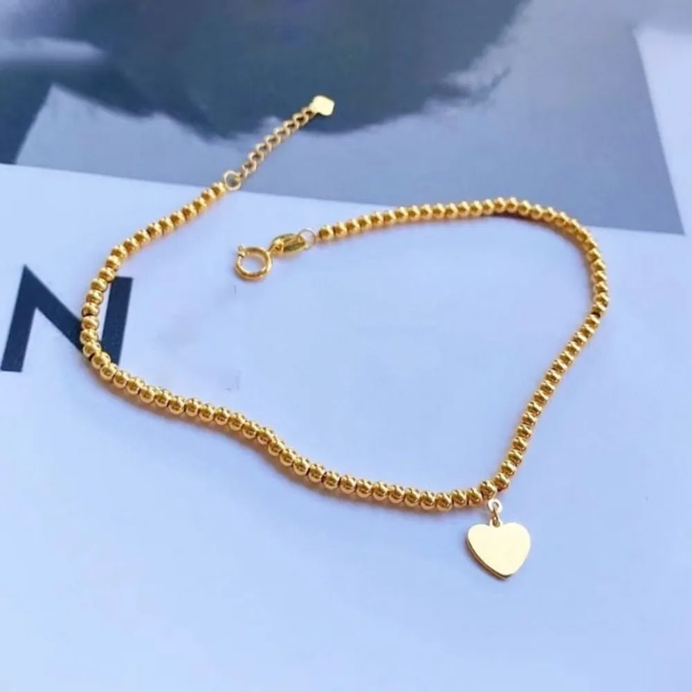 Real Pure 18K Yellow Gold Chain Women Lucky Wheat Glossy Beads Heart Pendant Link Bracelet 16+2cm