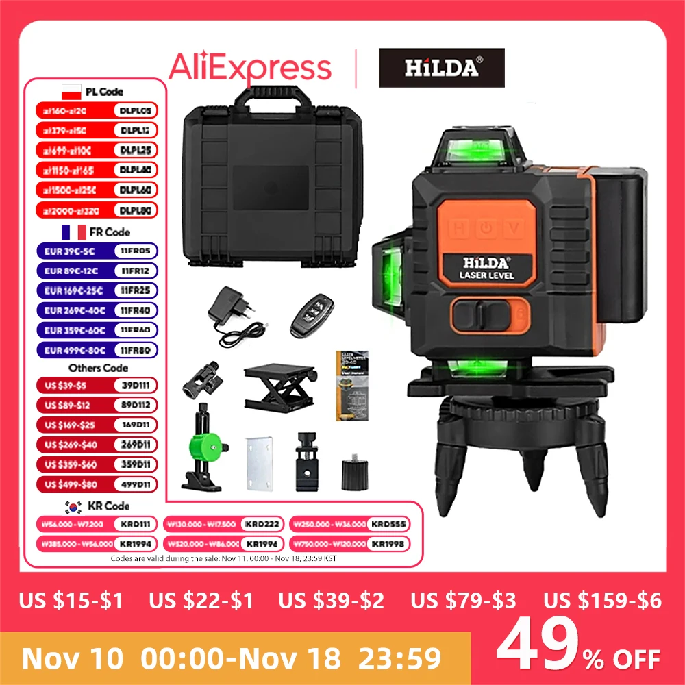 HILDA 4D 16 Lines Laser Level With Battery Display  Self-Leveling 360 Horizontal And Vertical Cross Super Powerful Green