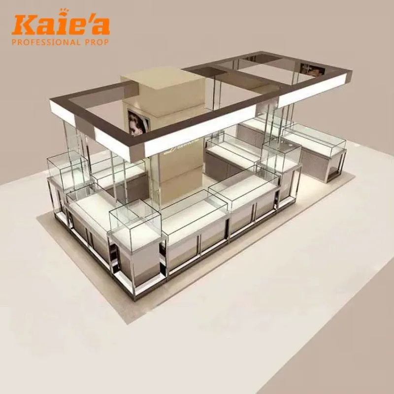 Factory Jewelry Display Showcase Kiosk Counter Design for Retails Store Luxury Gold Glass Jewelry Shop Showroom Showcase