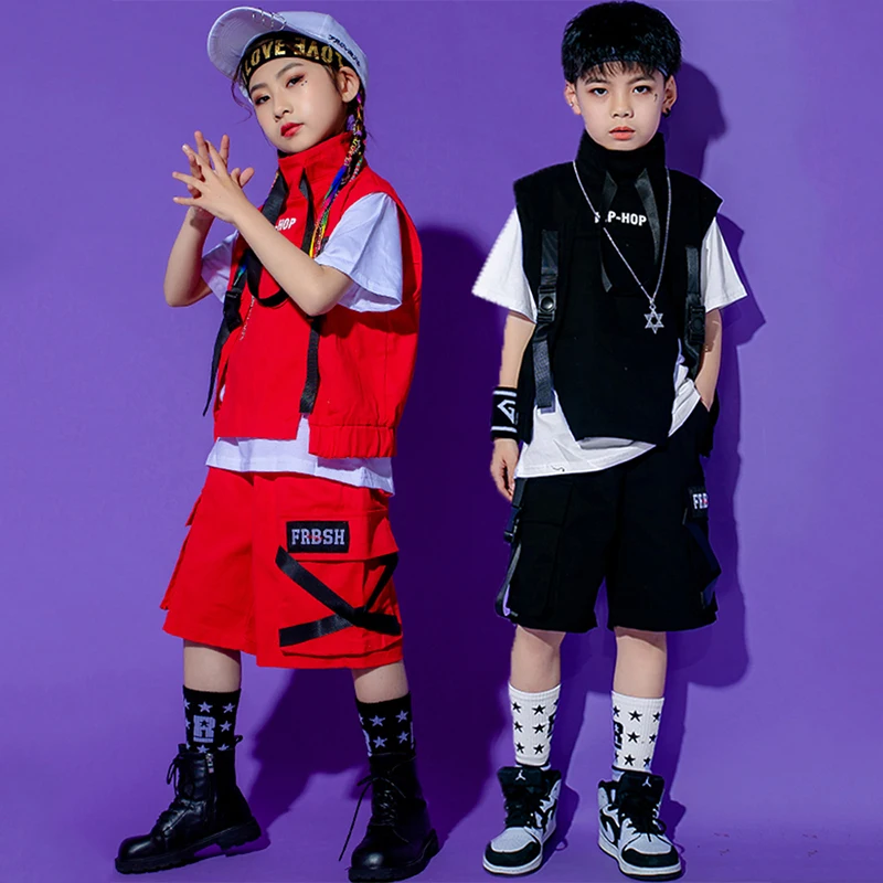 Summer Hip Hop Clothes For Kids Vest Shorts Concert Performance Costume Girls Short Sleeves Street Dance Outift Boys Wear BL7844