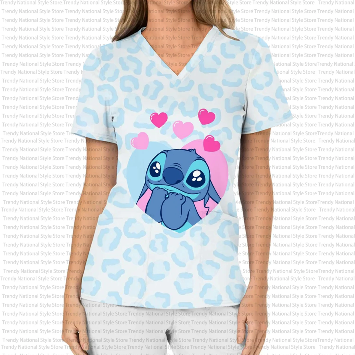 新しいディズニー スティッチ ナース 女性病院 ペットショップ Tシャツ、女性用看護師ユニフォーム プリント V ネック ナース フロストトップ