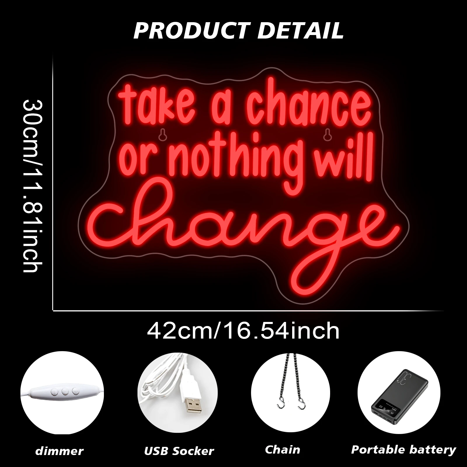 Neonschild „Take A Chance Or You Or Nothing Will Change“ mit LED-Licht, inspiriert mit Buchstaben, Raumwanddekoration, Schilder für Fitnessstudio, Arbeitszimmer, USB