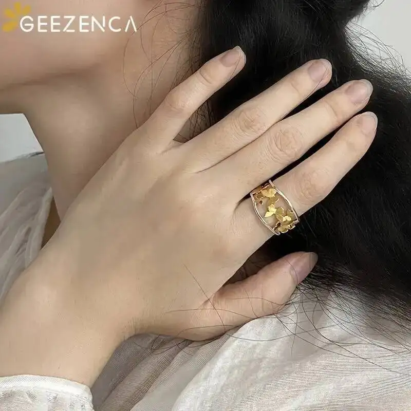 GEEZENCA 925 Silver Brushed Two Toned Hollow Butterfly Adjustable Open Ring For Women Trendy Dainty Statement Rings Love Gift