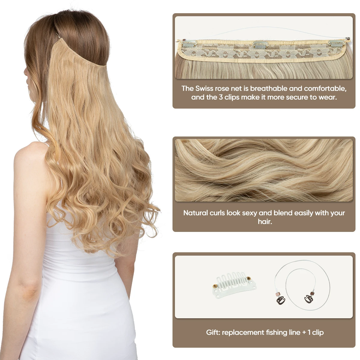 Nice Premium Synthetic Invisible Wire With Clip In Hair Extensions Daily Use Hairpieces Long Brown Natural Wavy Fake Hair piece