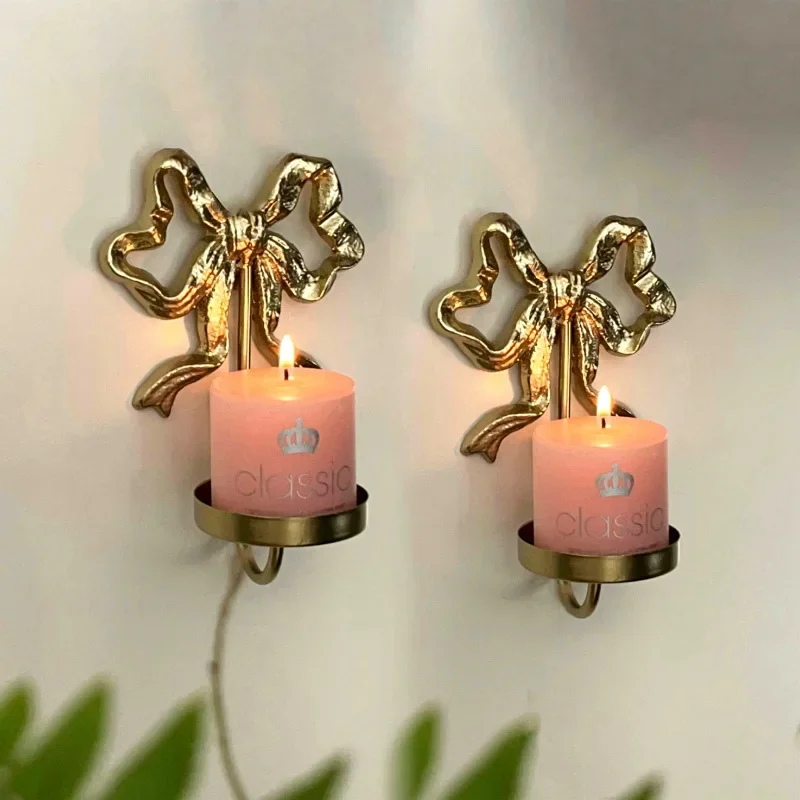 Vintage Iron Gold Wall Mounted Bowknot Candlestick Living Room Bathroom Bedroom Kitchen Wall Decoration Candle Holder Home Decor