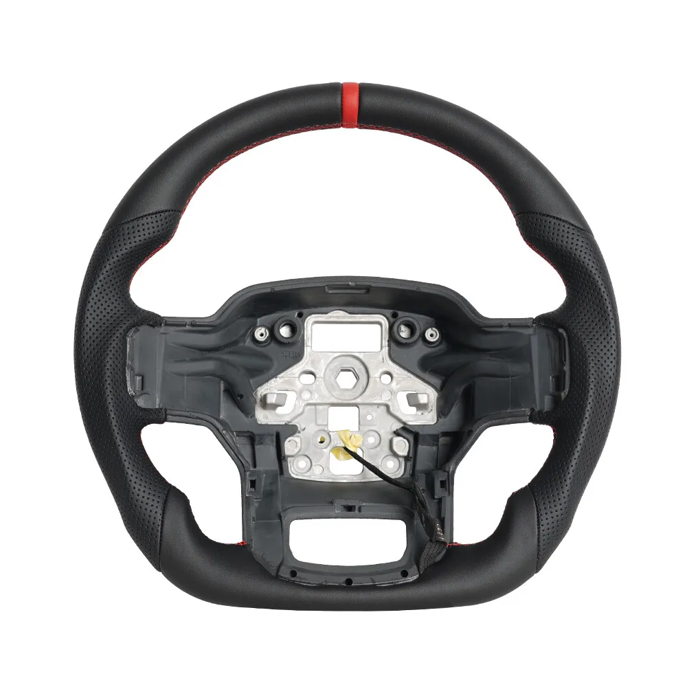 Heated Full Leather Sport Steering Wheel With Perforated Leather Red Top Stripe For Ford F150 2021-2026 Flat Bottom Racing Car Accessories