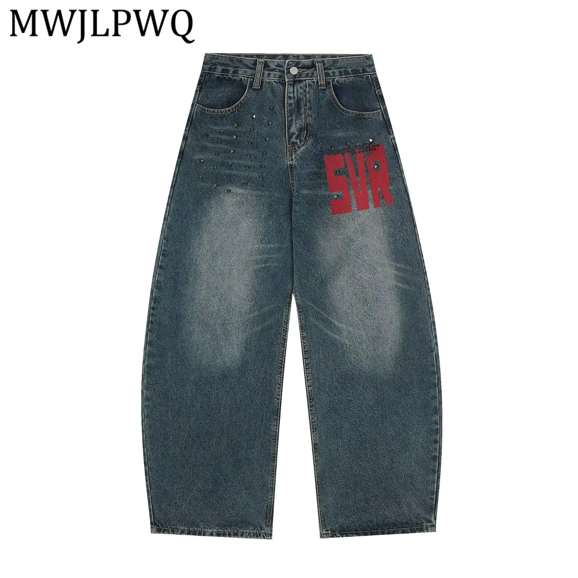 

Мужские джинсы MWJLPWQ в стиле ретро с заклепками, широкие, с принтом, в американском уличном стиле, свободного кроя, новинка 21995