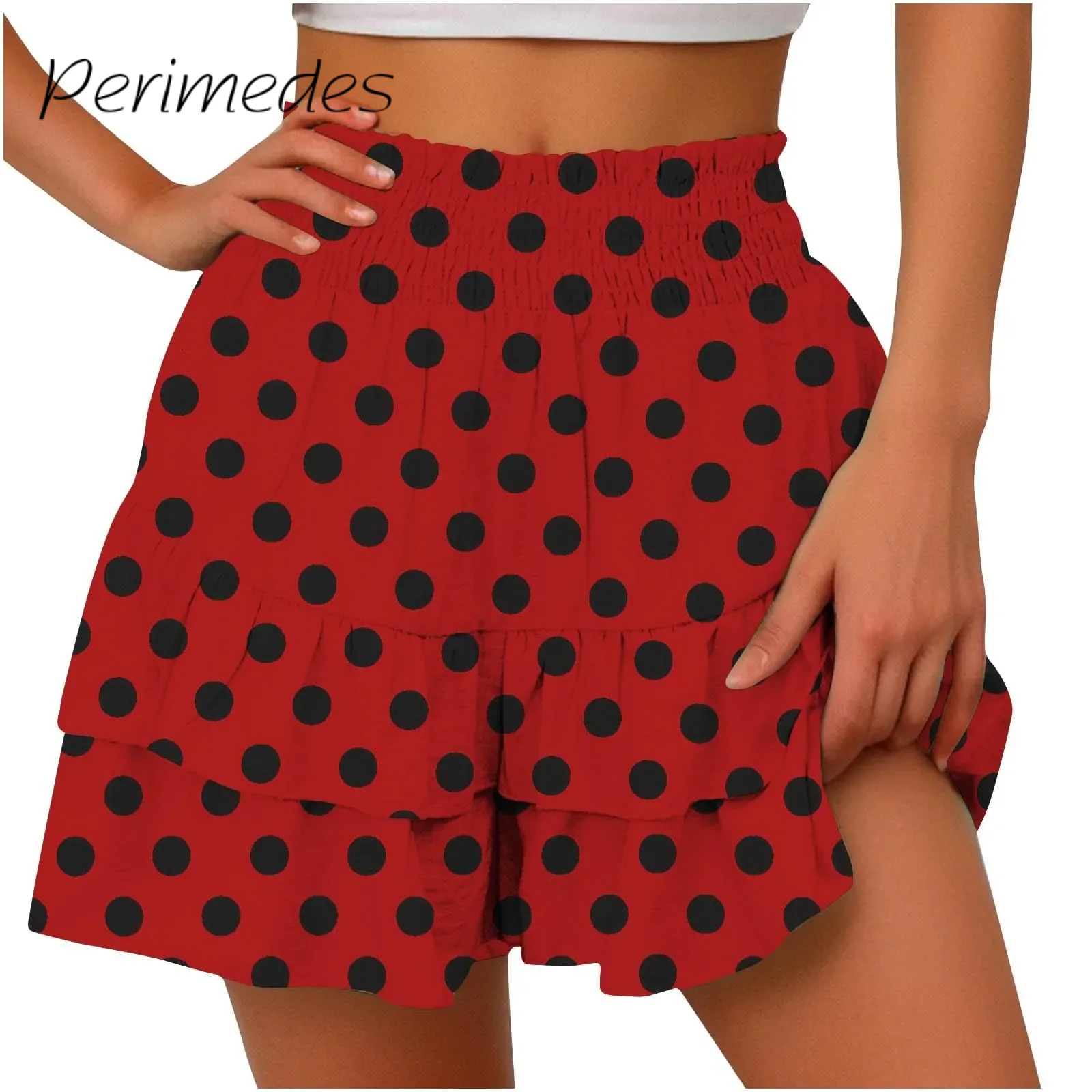 Women'S Dot Printed Shorts Multi-Layered High Elastic Waist Casual Beach Style Shorts Soft Summer New Fashionable Shorts