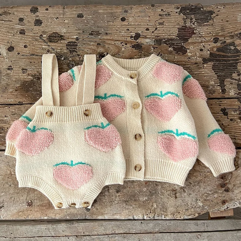 2024 New Autumn Toddler Baby Girl Knitting Clothes Set Long Sleeved Knitted Cardigan+Jumpsuit Children Knitted Clothes Suit