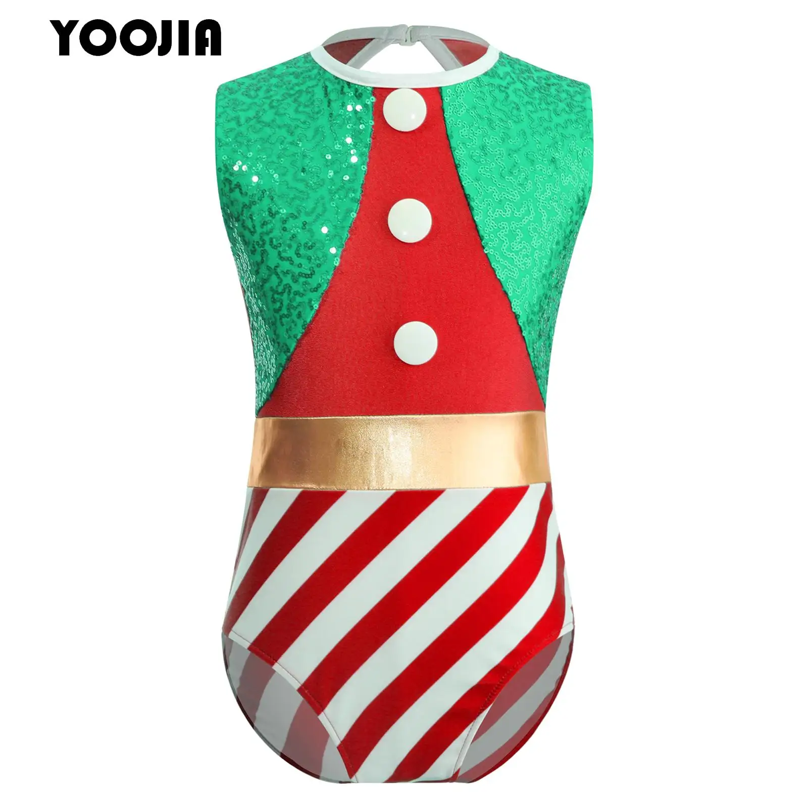 

Kids Girl Christmas Ballet Dance Leotard Gymnastics Figure Skating Bodysuit Sleeveless Unitard Candy Cane Stripe Sequin Jumpsuit