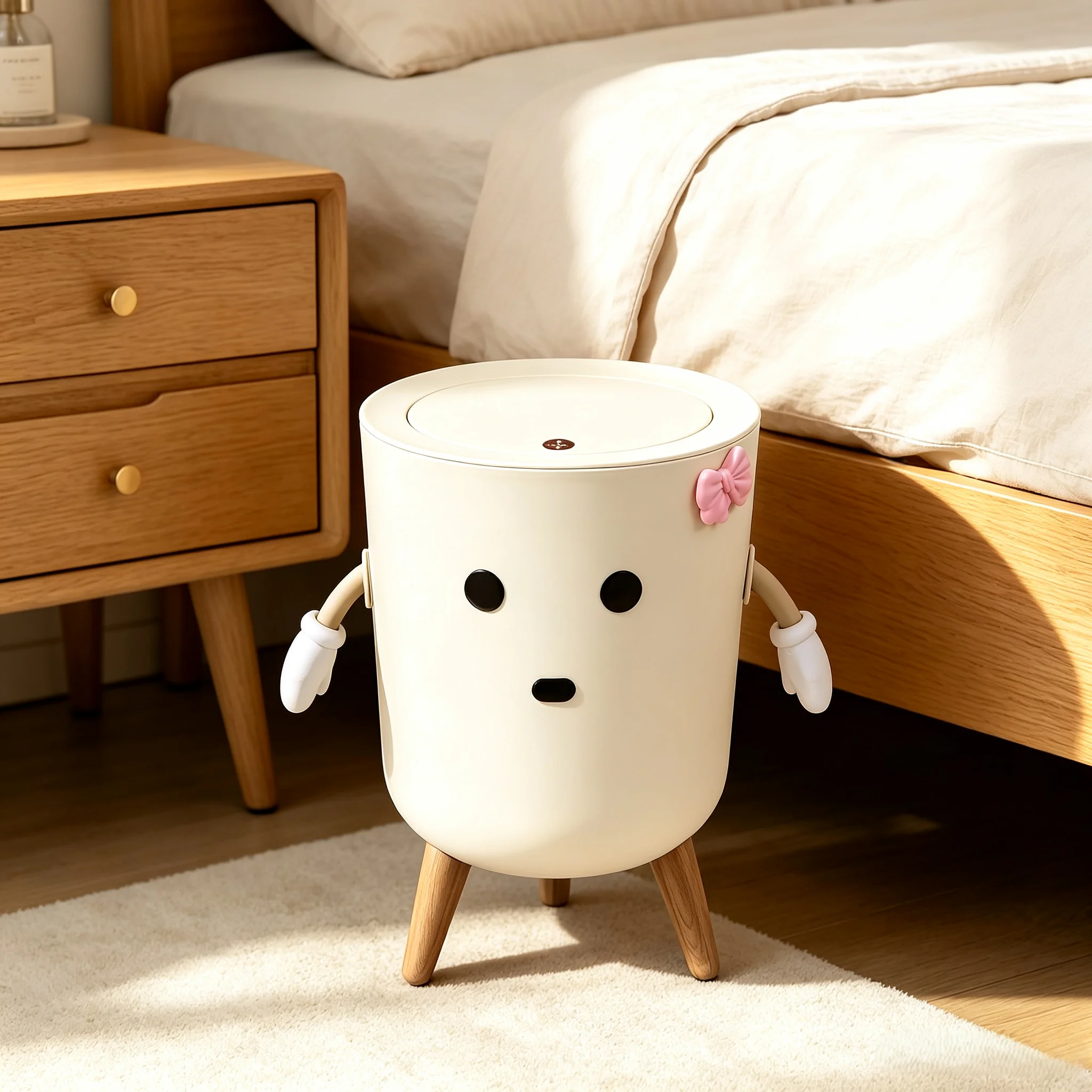 Creamy White Decorative Trash Bin with Press Cover, Elevated Round Waste Can for Home Interior Decoration