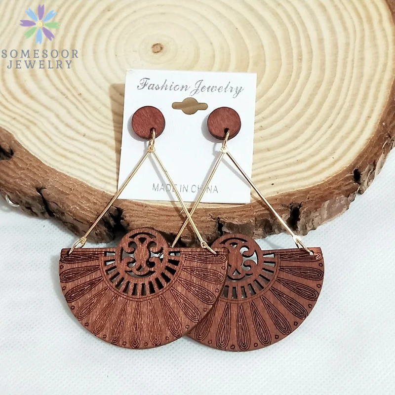 SOMESOOR African Drop Wooden Earrings For Women Gifts Afrocentric Ethnic Wood Stub Ear Dangle Engraved Pendant Bohemian Jewelry