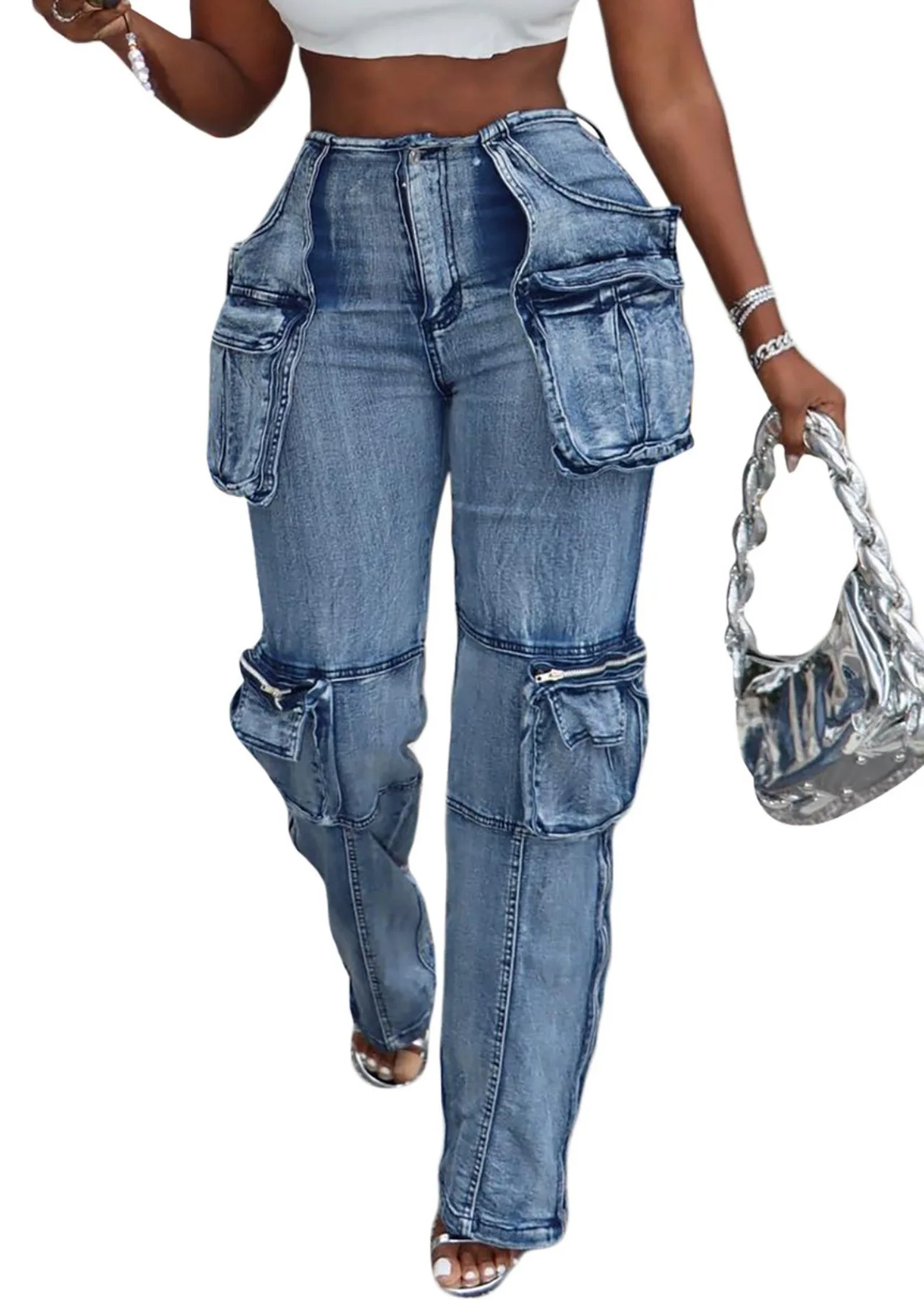 Fashion and Casual Splicing Multi-pocket Jeans High Waist Straight Trousers Vintage Light Washed Stretchy Denim Pants