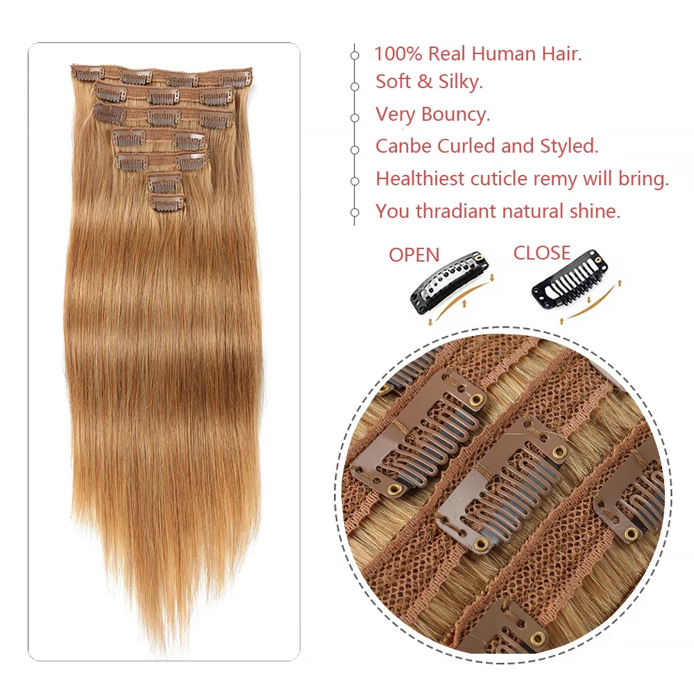 Extensiones de cabello rubio Remy para mujer, cabello humano liso de cabeza completa, 7 piezas, 12 a 18 pulgadas