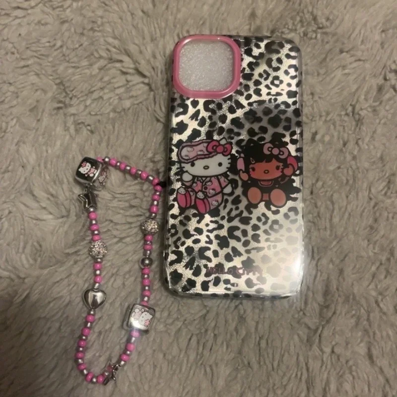 Funda Kawaii Tan Hello Kitty con estampado de leopardo Y2K para IPhone 16 15 14 13 12 Pro Max Sanrio funda protectora creativa con pulsera