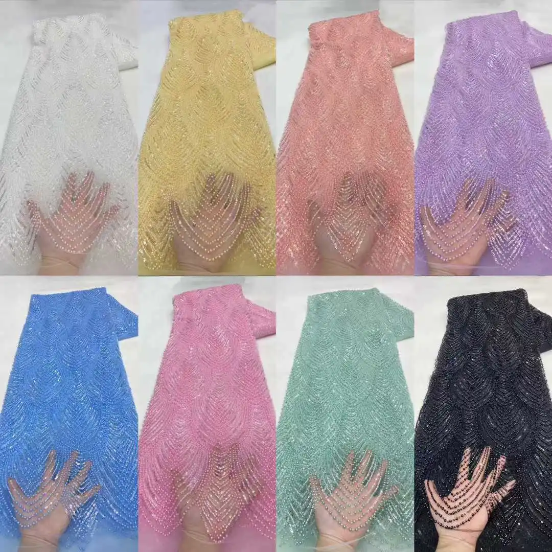 2026 Luxury African Sequins Beaded Lace Fabric High Quality Nigerian Embroidery French Heavy Groom For Bridal Wedding Dress