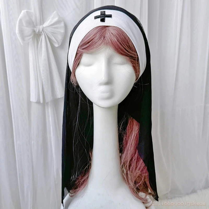 Halloween cruz gótico freira chapéu feminino renda lenço xale véu escuro cocar boné acessórios de fantasia
