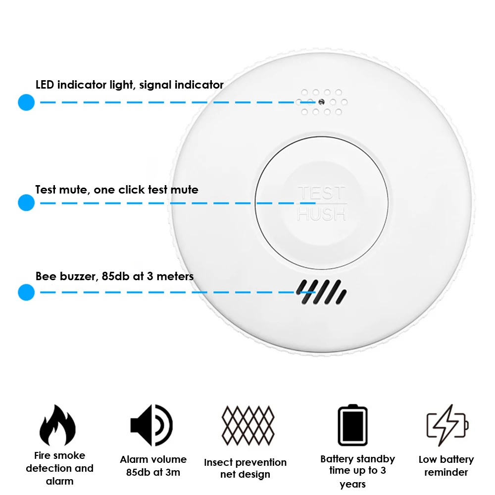 Smoke Alarm Freestanding Smoke Detector Fire Alarm Sensor Security System Smart Security Protection Commercial Home Assistant