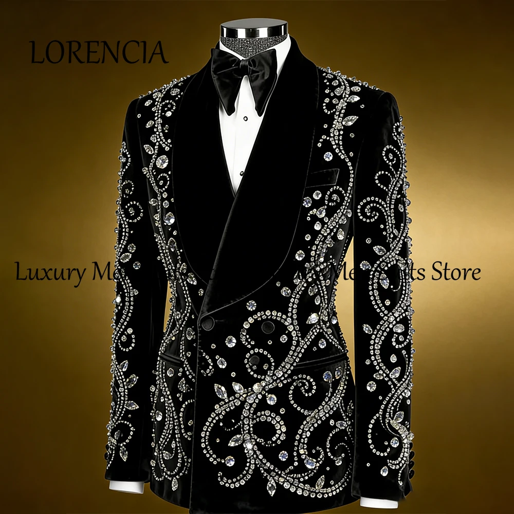 

Luxury Crystal Men Suits 2 Pieces Shawl Collar Wedding Party Groom Tuxedo Set Customized Blazer Pants ternos masculino completo