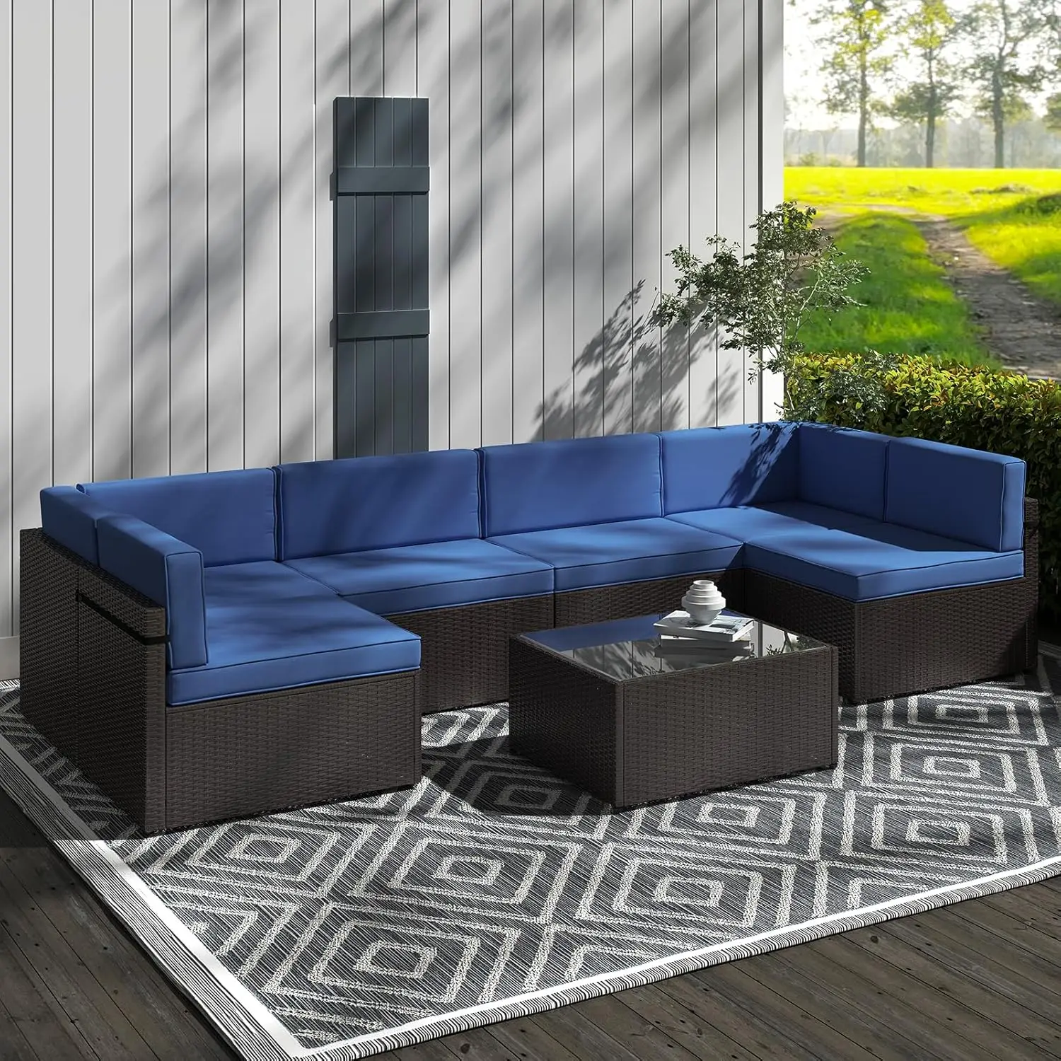 

Outdoor Patio Furniture Set Wicker Conversation Set - PE Rattan Sectional Sofa With Glass Table And Cushions For, Customized