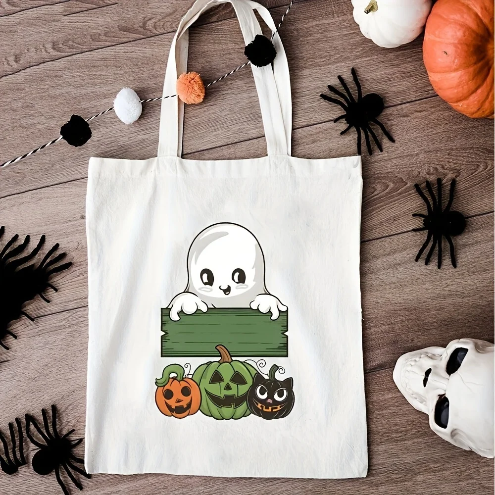 Cute Halloween Ghost Canvas Tote Bag Pumpkin Black Cat Print Reusable Shopping Shoulder Handbag Gift