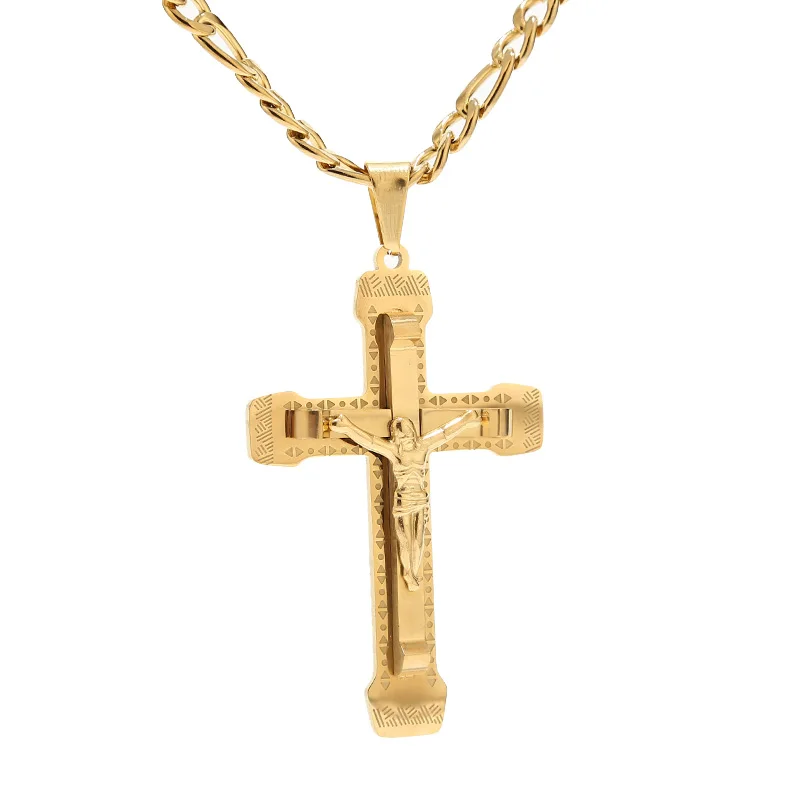 

24'' Stainless Steel Gold Plated 65*41mm Cross Necklaces Saint Catholic Benedict Crucifix San Jesus Necklace 3:1 Figaro Chains