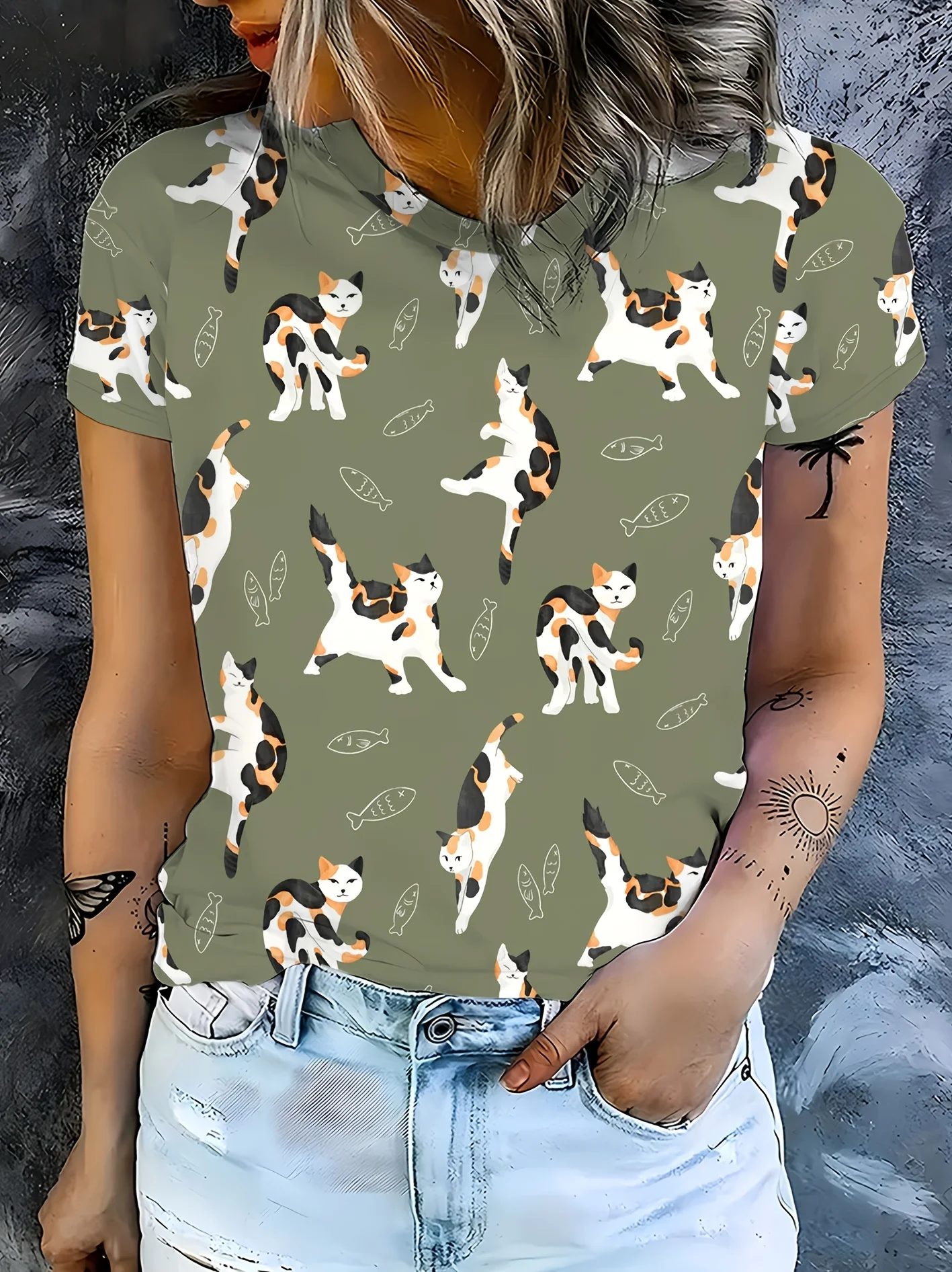 Women T‑shirt Short Sleeve Cute Calico Cat Fish Bone Allover Print O‑neck Casual Daily Summer Fashion Tee Outings Pet Lovers Top