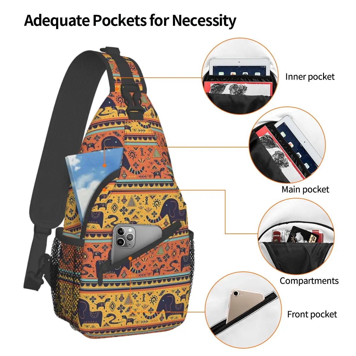 Elephant Tribal African Sling Bag Chest Crossbody Shoulder Sling Backpack Outdoor Hiking Daypacks Cartoon Animal Fashion Bag