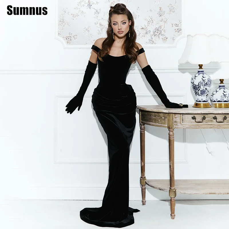

Sumnus Simple Mermaid Prom Dresses Velvet Off Shoulder Back Slit Formal Evening Dress جديد في الفساتين Customized