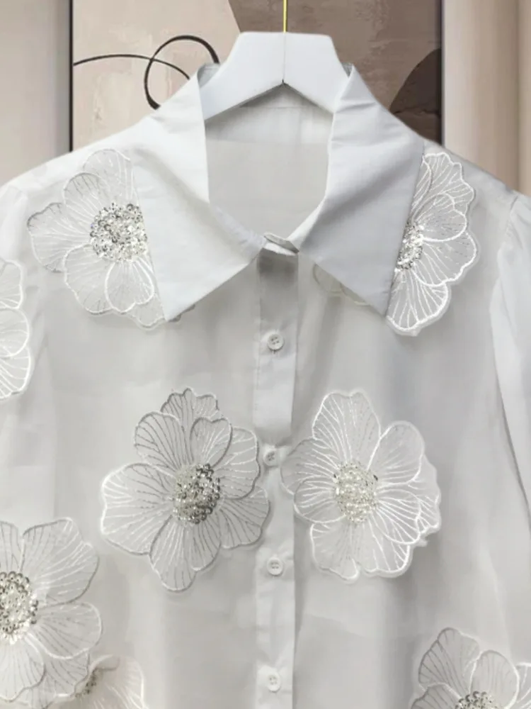 [EWQ] Sweet Women Tops Big Size Blouse 3D Flower Fold Puff Longs Leeve Blouse Spring 2024 Summer Organza See-through Shirt SN571