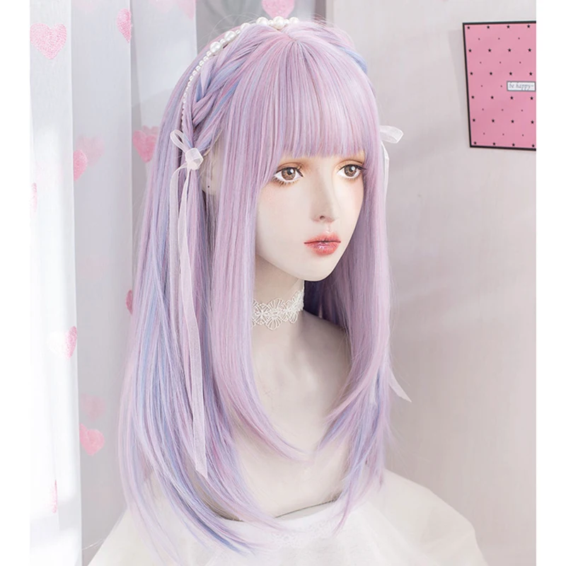 VICWIG Lolita Wig Synthetic With Bangs for Women Long Straight Pink Purple Hair Wig Cosplay Party Heat Resistant