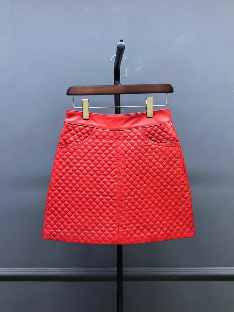 Autumn Winter New Female Genuine Leather Wrap Skirts Slim Fit High Waist Office Lady A Line Sheepskin Knee Length Slight Strech