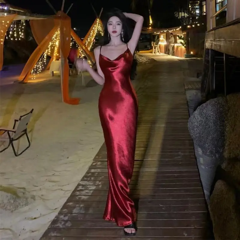 Mùa Hè Mới Không Tay Cao Eo Trắng Elegantwomen Của Váy Dây Đeo Spaghetti Sexy Midi Dress Phụ Nữ Văn Phòng Bên Người Nổi Tiếng Quần Áo