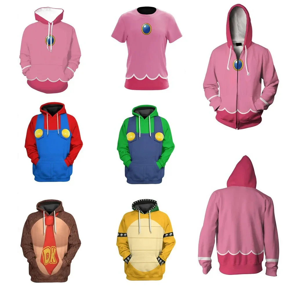 Sudadera con capucha con estampado 3D de Super Bros para hombre y mujer, ropa deportiva informal holgada, disfraz de Cosplay de Halloween, color rosa y melocotón