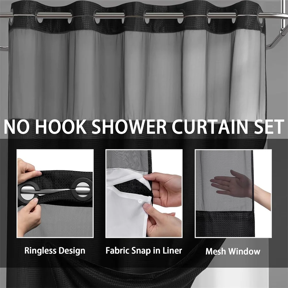 1PC unhooked large hole waffle check shower curtain, 72in*75in, hotel grade, spa waterproof shower curtain, black