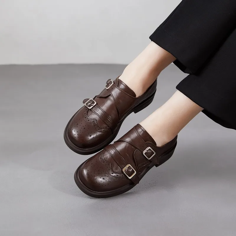 

DIMANYU Women's Brogue Shoes Genuine Leather 2026 New Spring Retro Women's Loafers Double-Buckle Oxford Shoes Women