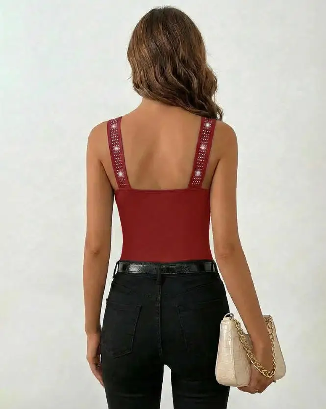 

2026 Summer New Solid Color Versatile Commuter Rhinestone Decorative Square Collar Thick Strap Bareback Slimming Tank Top