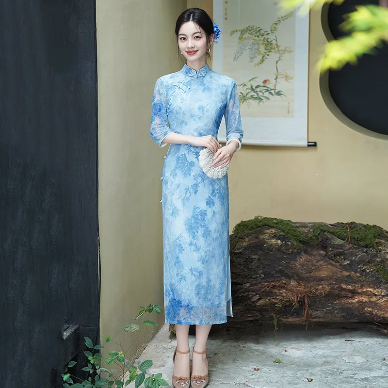 

Синий Cheongsam 2025, улучшенное новое китайское осеннее элегантное платье для молодых девушек, новое вечернее платье