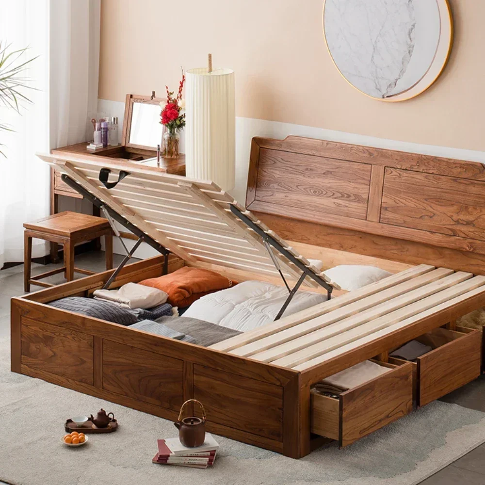 

Double Bed Old Elm Solid Wood 1.8 M Storage Thickened Big Bed Box Storage