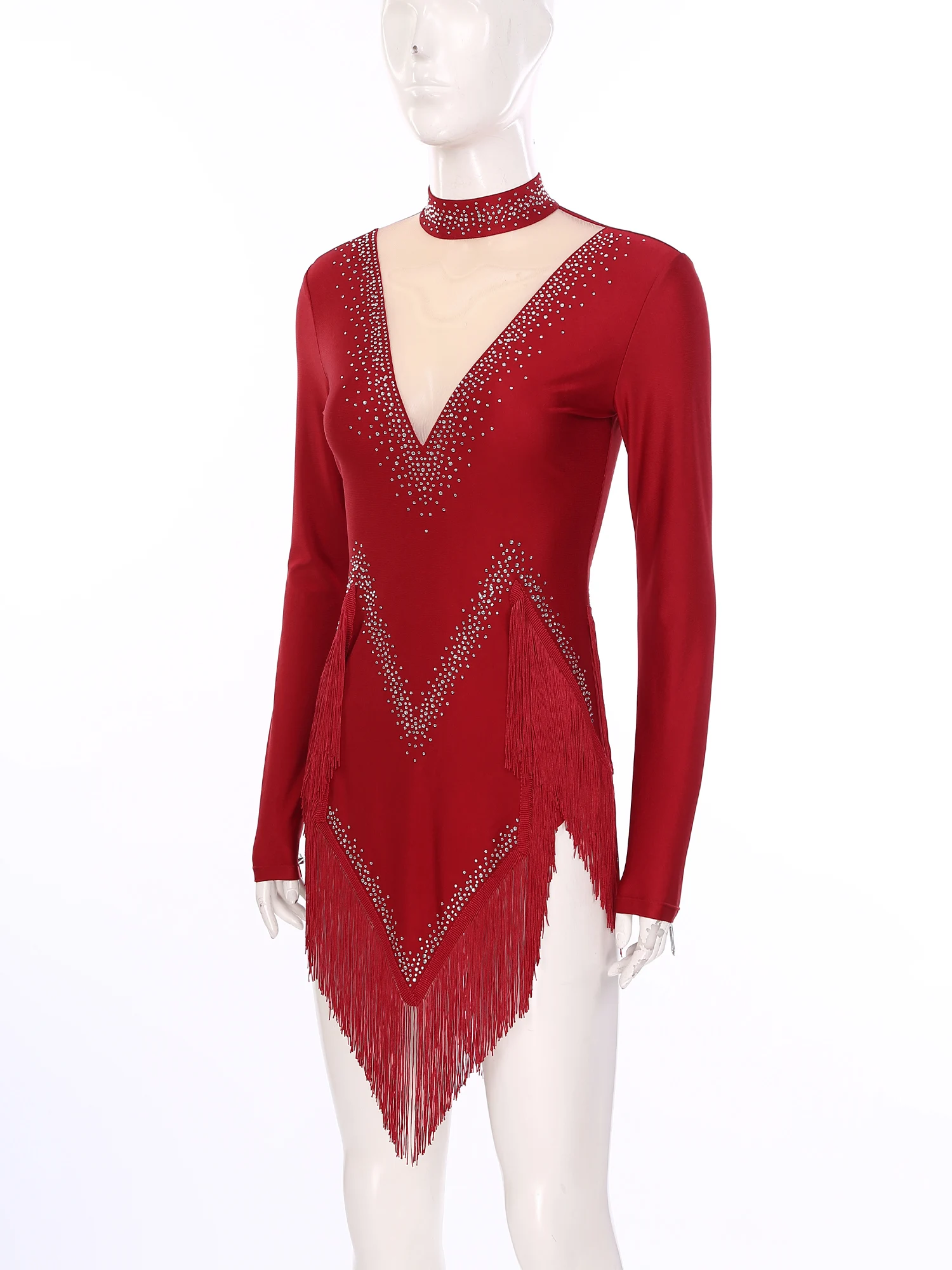 สตรีพู่เต้นรําละติน Fringed ชุดบอดี้สูทแขนยาว Leotard Samba Cha Cha Tango Dancewear STAGE เครื่องแต่งกาย