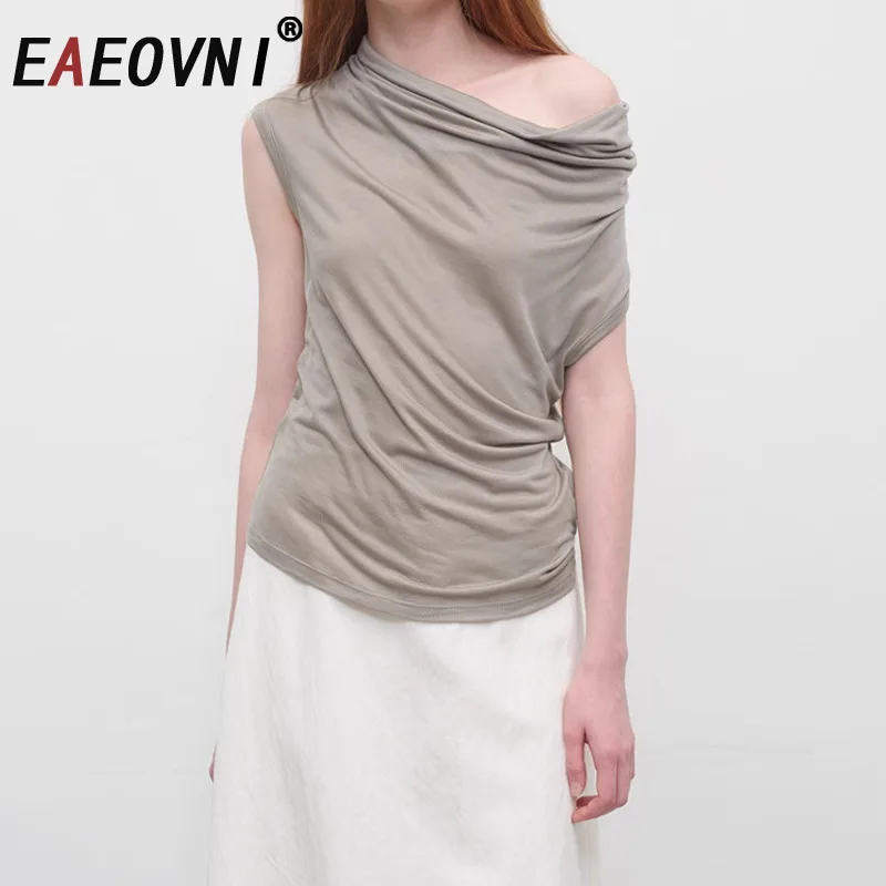 

EAEOVNI Women Irregular Folds T-shirt Fashion Short Sleeve Solid Color Solid Color Versatile Blouse 2025 Summer Clothing 1A804