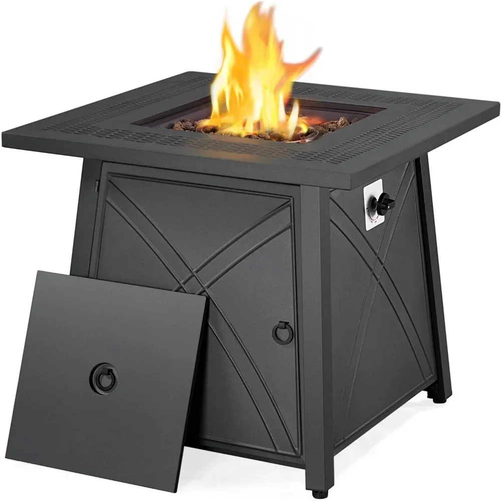 28in Fire Pit Gas Fire Pit Table with Lid and Iron Tabletop for Outdoor, Patio, Garden and Camping, 50,000 BTU with Lava Rocks