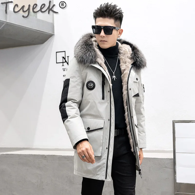 Tcyeek-Manteau en fourrure de vison véritable pour hommes, Parka mi-longue, Veste chaude, Col en fourrure de renard, Vêtements d'hiver, Nouveau