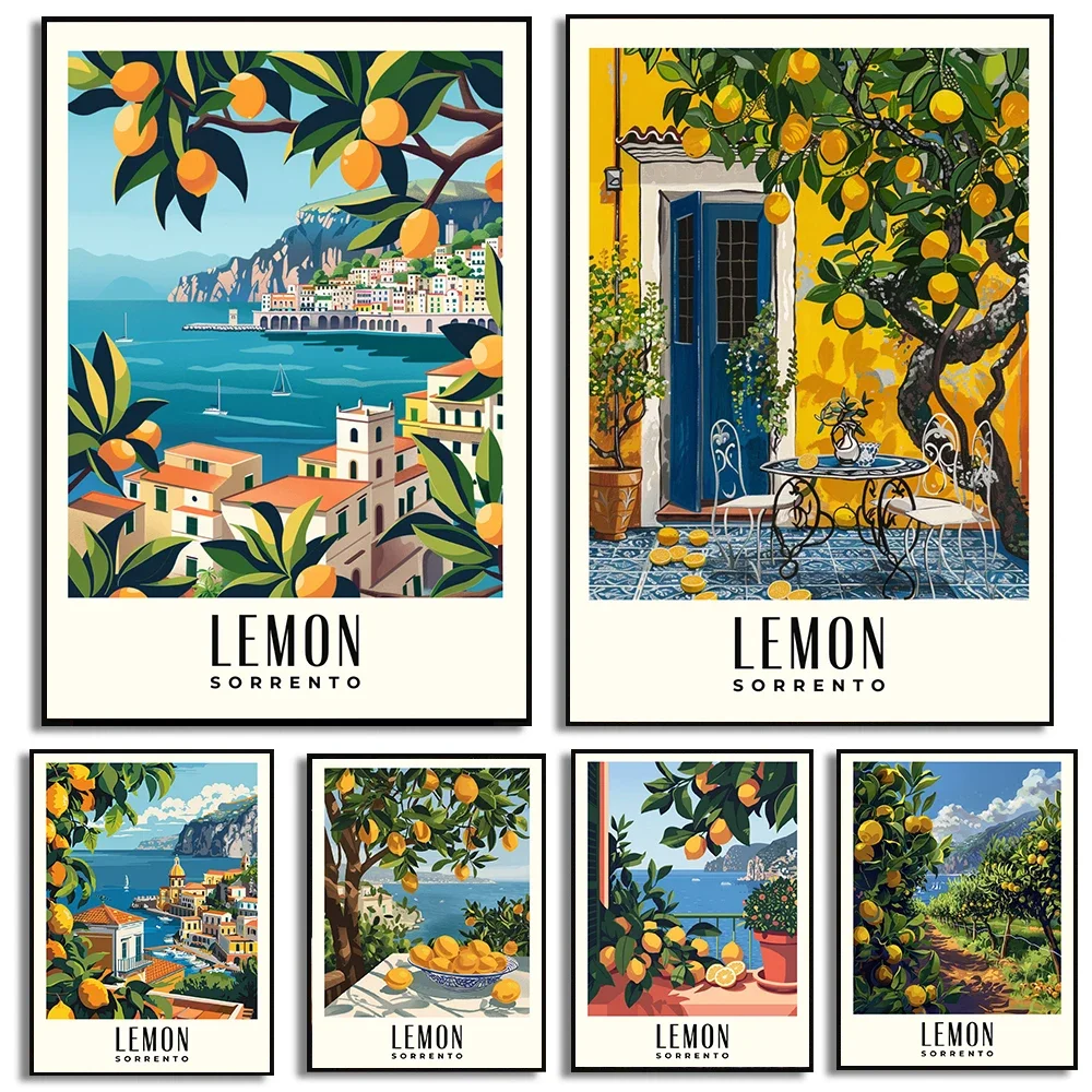 Multiple sizes 1pc frameless Canvas Painting,Amalfi Coast Lemon Poster Amalfi Coast Italy Travel Prints Canvas Painting Wall Art
