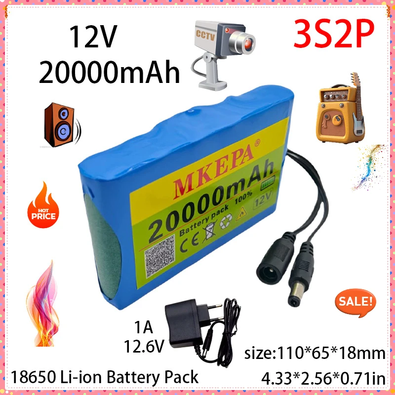 

20000 мАч, 12 В, прочный портативный литий-ионный аккумулятор, зарядное устройство постоянного тока 12,6 В, 1 А, с BMS, аудиоусилитель CCTV, камерный монитор
