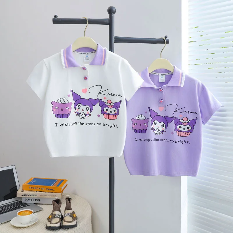

Футболка Sanriou Kuromi с короткими рукавами, рубашка-поло Cinnamoroll, одежда для девочек, детская летняя хлопковая футболка с героями мультфильмов, милый фестиваль в студенческом стиле